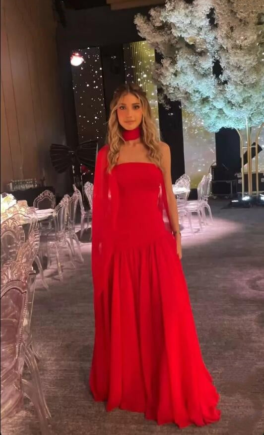 Beautiful Red Strapless Chiffon Long Evening Dress Formal Long Wedding Guest Dress D4580