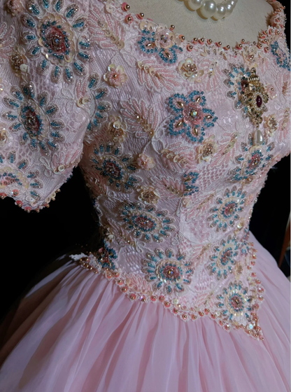 Charming Pink Tulle Lace Beaded Ball Gonn Long Birthady Evening Dress D2070