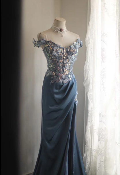 Gorgeous Off The Shoulder V Neck Satin Sequin Appliques Evening Dress Long Mermaid Slit Prom Dresses D2203