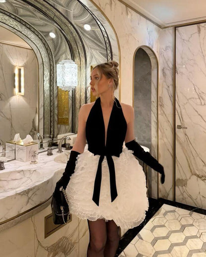 Glamorous Halter V Neck Tulle Ruffles A Line Short Party Dress Black White Short Homecoming Dress D4509