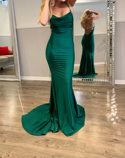 Sexy Spaghetti Strap V-neck Sleeveless Mermaid Satin Long Prom Dresses With Trailing For Party SD1541