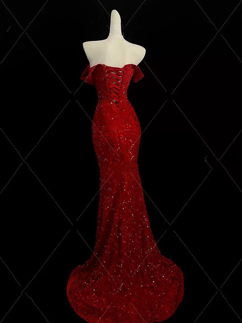 Classy Mermaid Sweetheart Red Slit Sequin Long Evening Gowns Prom Dress SD2766