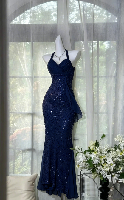 Shiny White Halter V Neck Sequin Beaded Mermaid Prom Gown Backless Long Party Dress D925