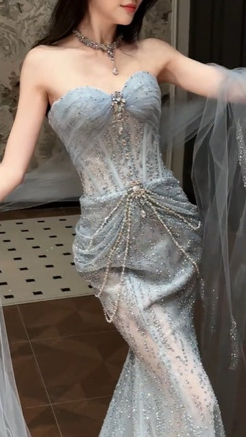 Glitter Sky Blue Strapless Tulle Sequin Beaded Mermaid Evening Dress Long Birthday Prom Dress Party Dress D1880