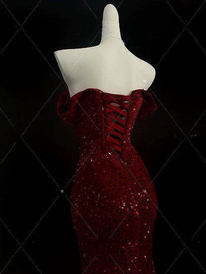 Classy Mermaid Sweetheart Red Slit Sequin Long Evening Gowns Prom Dress SD2766