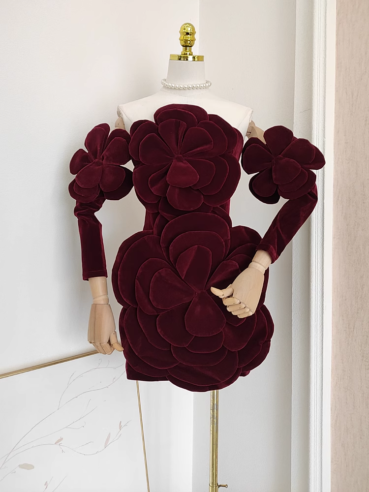 Sexy Sheath Strapless Burgundy Velvet Vacation Dresses Short Burgundy Birthday Dress With Gloves SD235