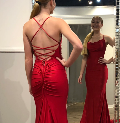 Sexy Spaghetti Strap V-neck Sleeveless Mermaid Satin Long Prom Dresses With Trailing For Party SD1541