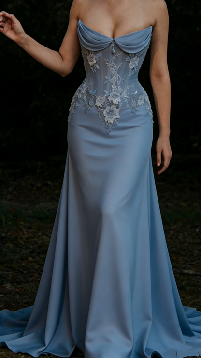 Classy Strapless Satin Appliques White Mermaid Long Wedding Dress Bridal Dress D1940