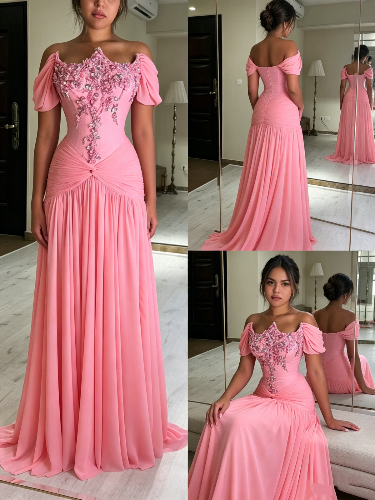 Cute Off The Shoulder Pink Chiffon Beaded Mermaid Long Party Dress Evening Gown D1304