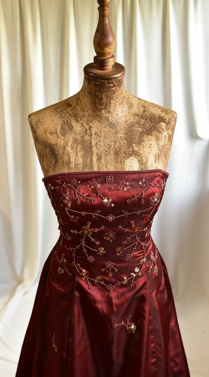 Vintage Burgundy Strapless Satin Beaded A Line Long Evening Dress Birthday Party Dress D1832