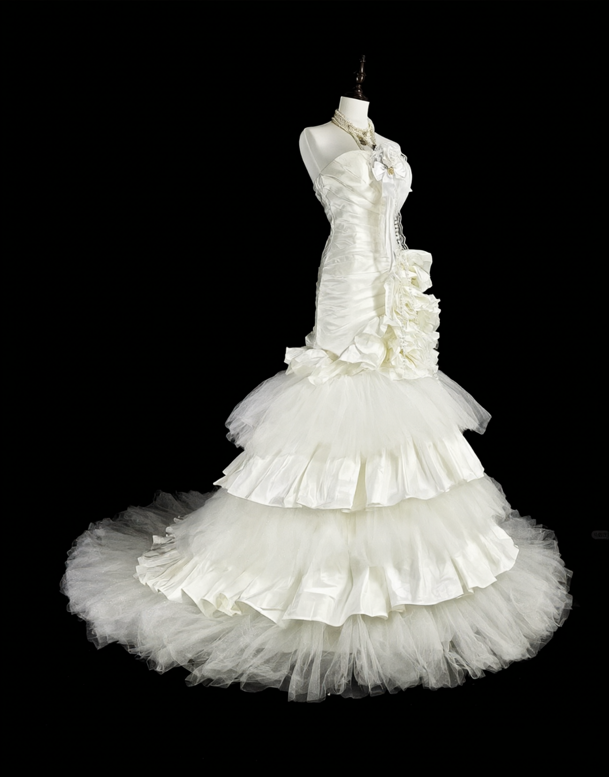 Glamorous White Satin Tulle Pleated Layered Mermaid Long Wedding Dress D5393