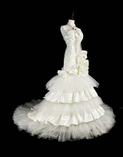 Glamorous White Satin Tulle Pleated Layered Mermaid Long Wedding Dress D5393