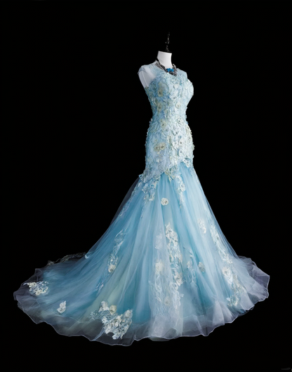 Classy Sleeveless Light Blue Tulle Appliques Mermaid Long Evening Dress Prom Dress D5388