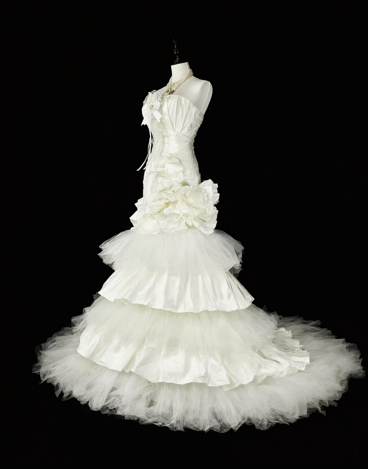 Glamorous White Satin Tulle Pleated Layered Mermaid Long Wedding Dress D5393