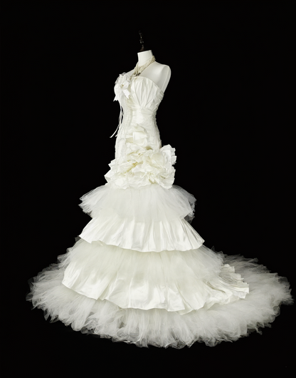 Glamorous White Satin Tulle Pleated Layered Mermaid Long Wedding Dress D5393