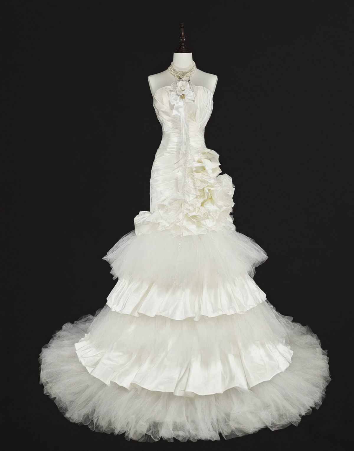 Glamorous White Satin Tulle Pleated Layered Mermaid Long Wedding Dress D5393