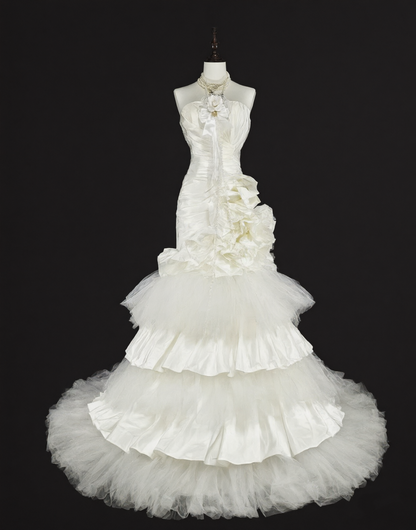 Glamorous White Satin Tulle Pleated Layered Mermaid Long Wedding Dress D5393