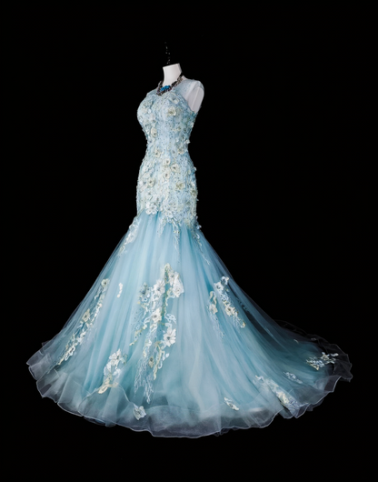 Classy Sleeveless Light Blue Tulle Appliques Mermaid Long Evening Dress Prom Dress D5388