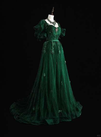 Classy Emerald Green Tulle Appliques Long Evening Dress Prom Dress D5391