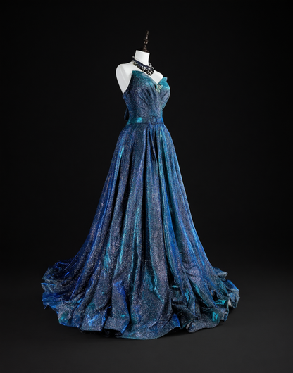 Classy Strapless Satin Sequin Blue Long Evening Dress Prom Dress D5390