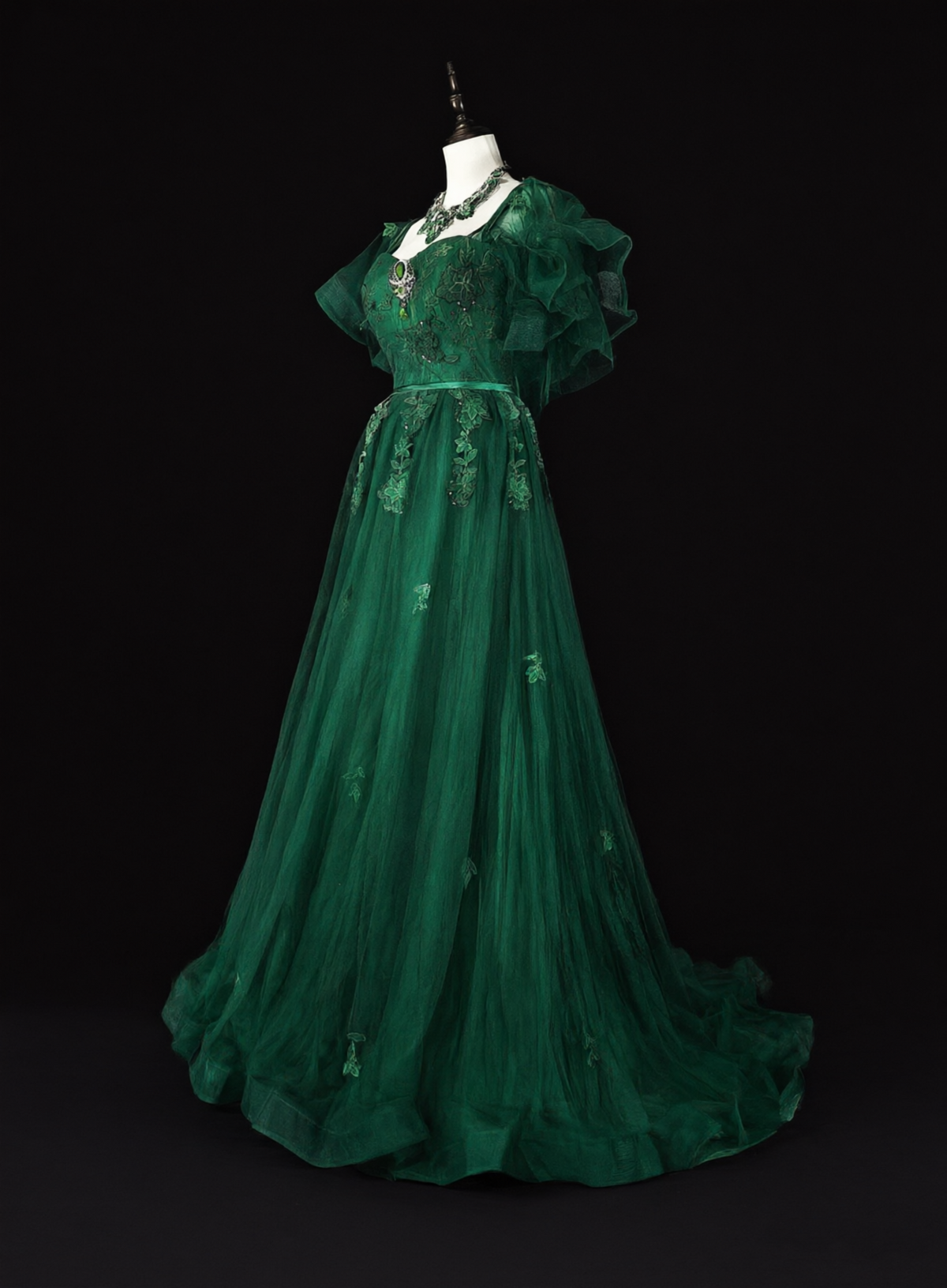 Classy Emerald Green Tulle Appliques Long Evening Dress Prom Dress D5391