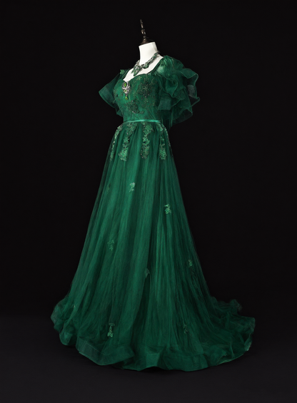 Classy Emerald Green Tulle Appliques Long Evening Dress Prom Dress D5391