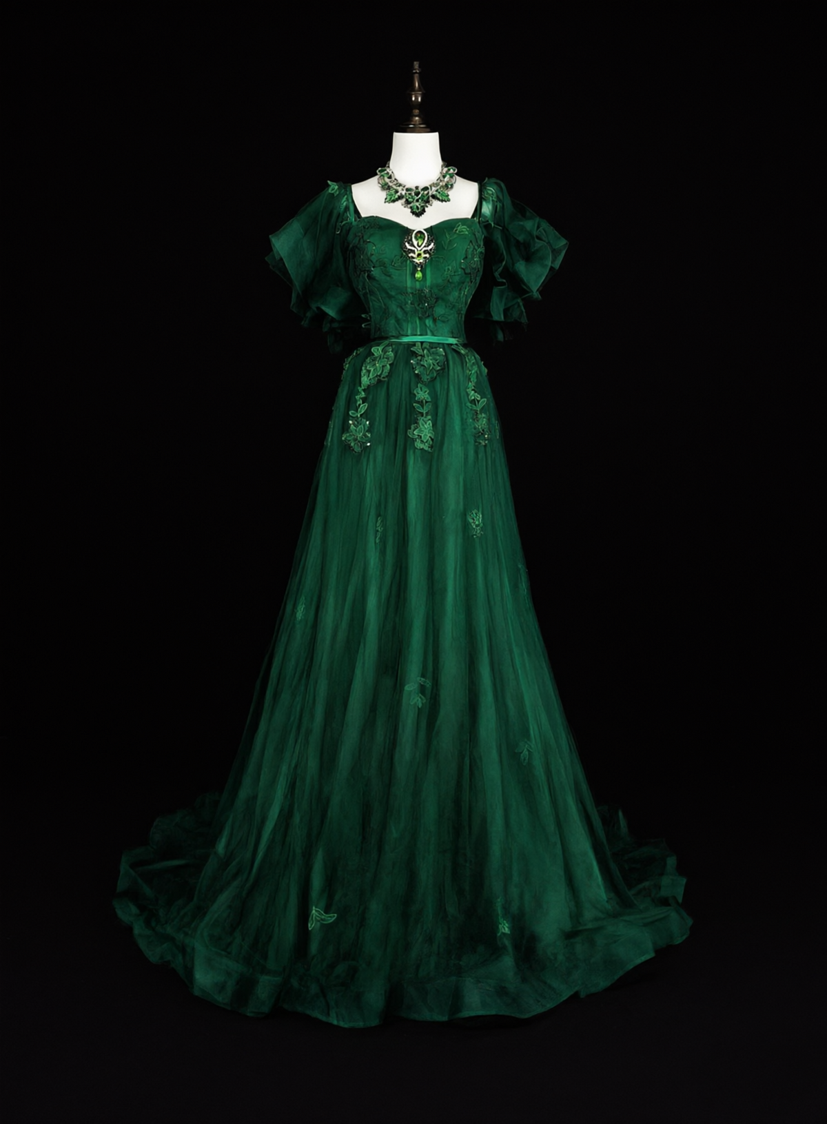 Classy Emerald Green Tulle Appliques Long Evening Dress Prom Dress D5391