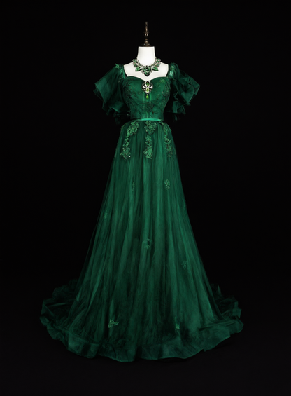 Classy Emerald Green Tulle Appliques Long Evening Dress Prom Dress D5391