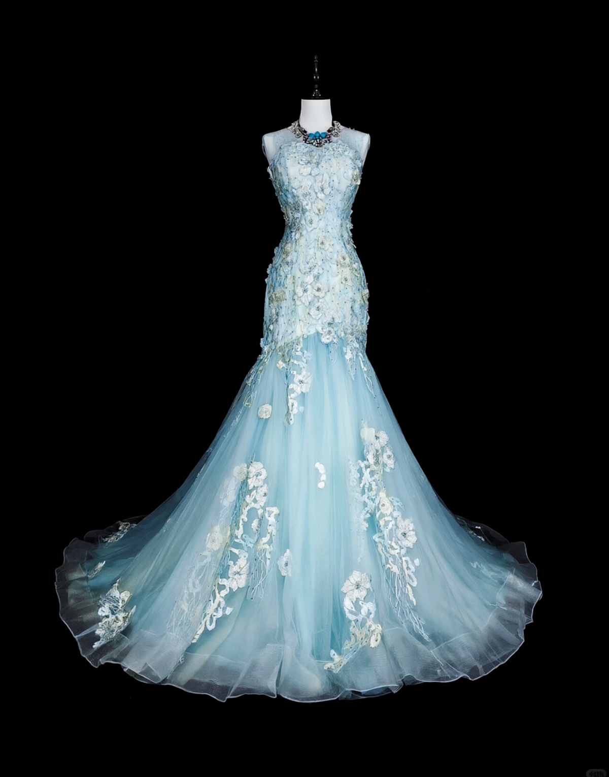 Classy Sleeveless Light Blue Tulle Appliques Mermaid Long Evening Dress Prom Dress D5388