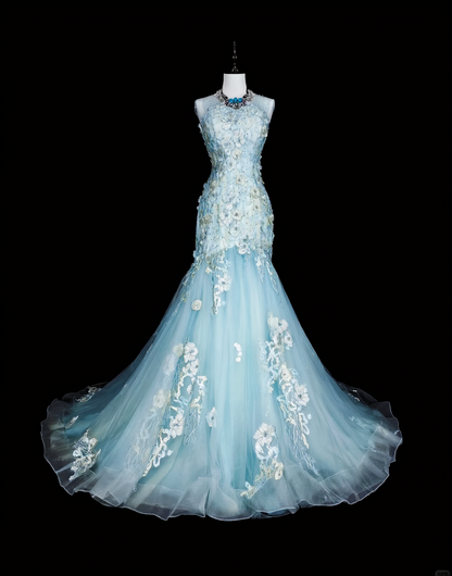 Classy Sleeveless Light Blue Tulle Appliques Mermaid Long Evening Dress Prom Dress D5388