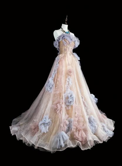 Classy Off The Shoulder Pink Tulle Pleated Ruffles Long Evening Dress Prom Dress D5389