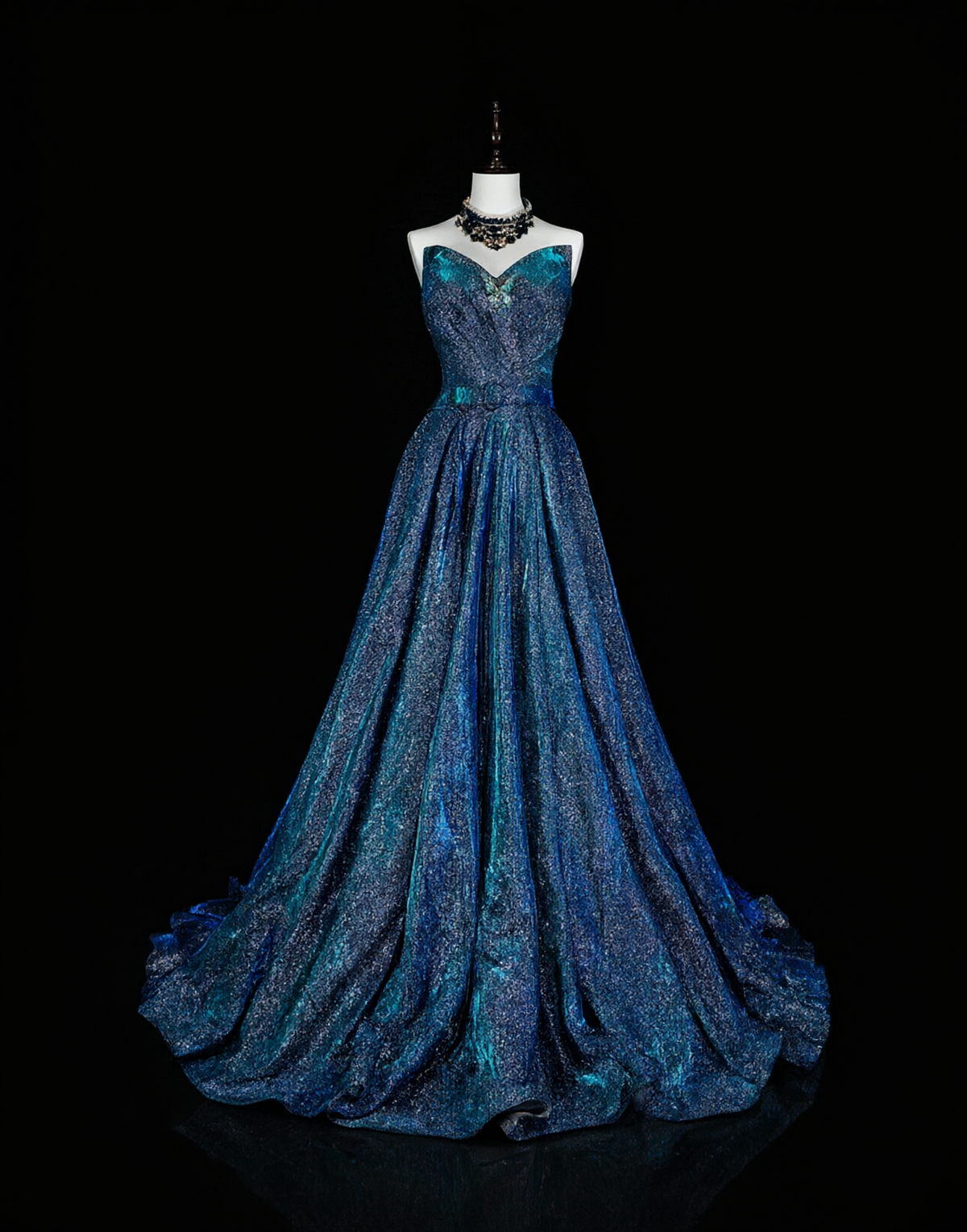 Classy Strapless Satin Sequin Blue Long Evening Dress Prom Dress D5390