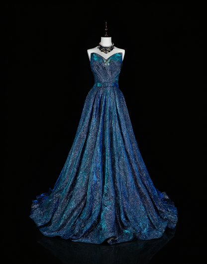Classy Strapless Satin Sequin Blue Long Evening Dress Prom Dress D5390