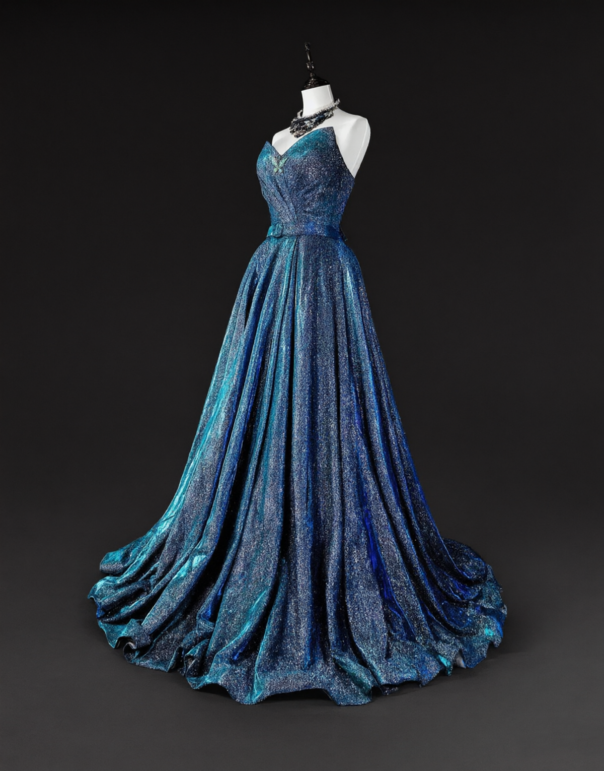 Classy Strapless Satin Sequin Blue Long Evening Dress Prom Dress D5390