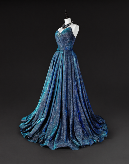 Classy Strapless Satin Sequin Blue Long Evening Dress Prom Dress D5390