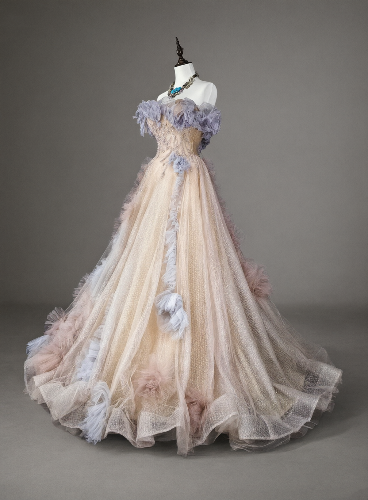 Classy Off The Shoulder Pink Tulle Pleated Ruffles Long Evening Dress Prom Dress D5389