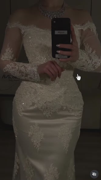 Elegant Off The Shoulder White Satin Lace Mermaid Long Wedding Dress D4980