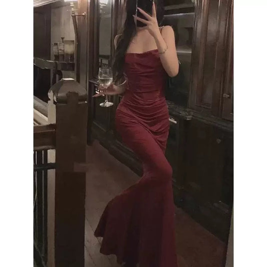 Pretty Sheath Spaghetti Straps Burgundy Long Party Dress Prom Dresses SD1376