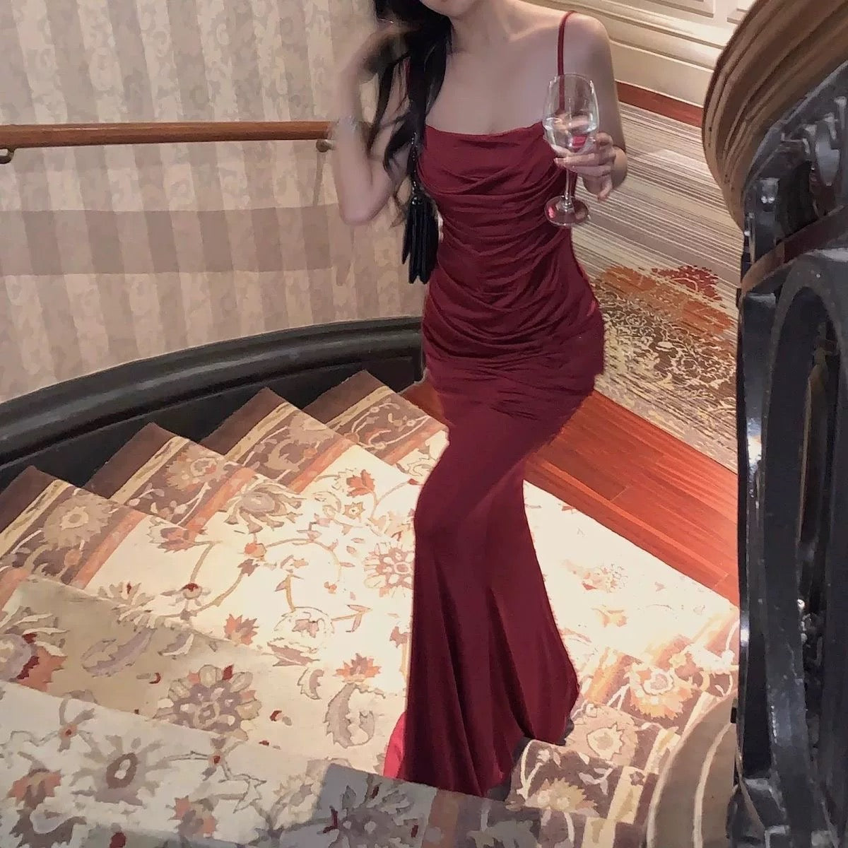 Pretty Sheath Spaghetti Straps Burgundy Long Party Dress Prom Dresses SD1376