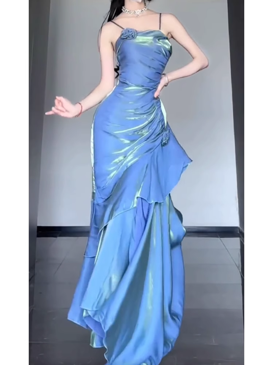 Retro Mermaid Spaghetti Straps Blue Ankle length Prom Dresses Birthday Outfits With Flower SD522