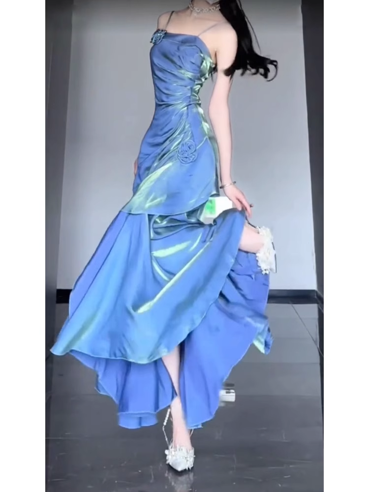 Retro Mermaid Spaghetti Straps Blue Ankle length Prom Dresses Birthday Outfits With Flower SD522