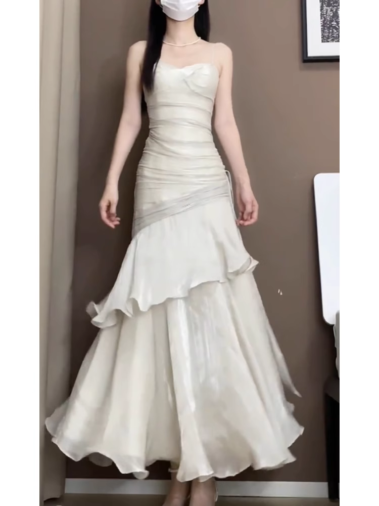 Sexy Soft Satin Spaghetti Straps Sleeveless Mermaid Ankle Length Prom Dress, PD3997 main image 0